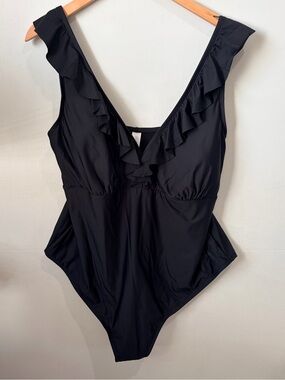 Addition Elle Plus Size 3X Black V-Neck Ruffle Trim Swimsuit Bathing Suit